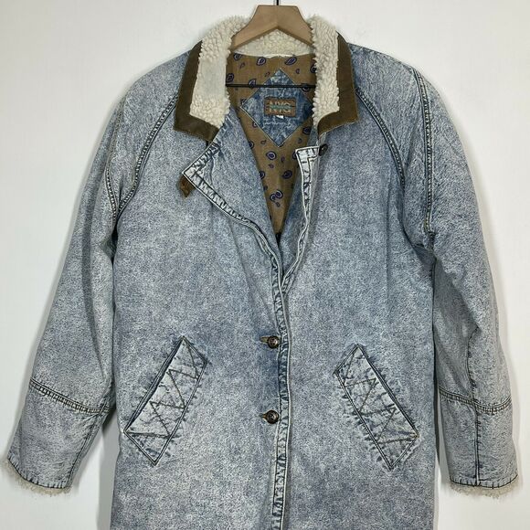 Vintage New York Girl Denim Coat Size Small 90s Oversized Longline Sherpa Collar - Picture 5 of 8